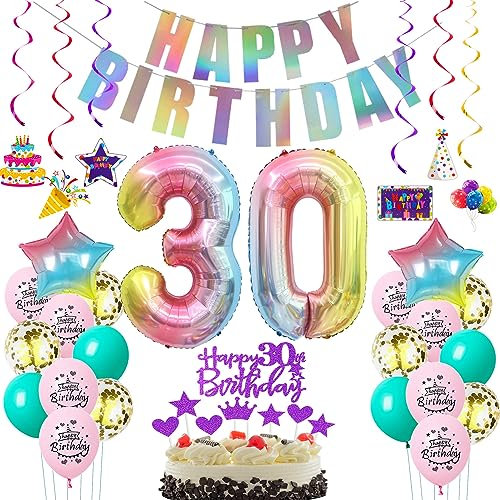 Deko 30. Geburtstag frauen bunt ,Geburtstagsdeko 30 jahre frauen Rosa Luftballons 30 Geburtstag dekoration Regenbogen,bunt Folienballon 30 Geburtstag deko frau Rosa Tortendeko 30 Geburtstag lila