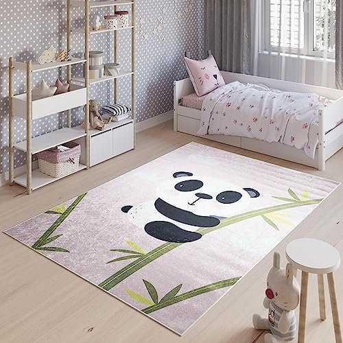 TAPISO Emma Teppich Waschbar bei 30 Grad Rosa Panda Bambus bedruckter Kinderteppich Antirutsch Kinderzimmer Jugendzimmer Modern ÖKO-TEX 160 x 230 cm