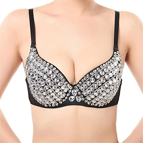 Bügel BH Glänzend Pailletten Party Top Damen Sparkly Sport-BHS Sportunterwäsche Mode Strass Sexy Neuer Punk Dame Goth Silber Party Studded Jazz Tanz Pole Dance Bikini BH Sport Bh Damen (ZF-Silver, XL)