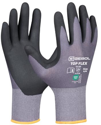 Gebol Top Flex | Talla 3XL (Gr 12) | Guantes de trabajo ligeros y sin costuras, de nailon y elastano, guantes de montaje con gran comodidad y sensación al tacto de los dedos, para hombre, gris, 1 par