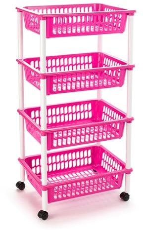 Acan Tradineur - Carrello per verdure, modello PLFT in plastica a 4 livelli e ruote, cestini impilabili portaoggetti, frutta, verdura, cucina, bagno (rosa - 85 x 40 x 30 cm)