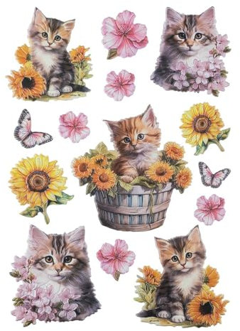 Ideen mit Herz Stickerbogen 3-D Relief-Sticker | Aufkleber | Hochwertig geprägt mit 3-D-Effekt | Fensterbilder | Scrapbooking | Din A4 Bogen mit vielen Motiven (Katzen mit Blumen)