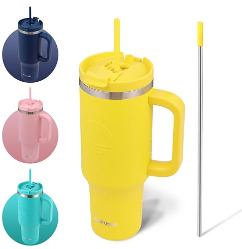 FAHRMOSIS Vaso de 40 onzas con asa y popote, vaso aislado al vacío de acero inoxidable para bebidas calientes y frías, vaso de doble aislamiento, botella de agua reutilizable con popote, color