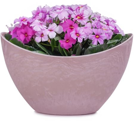 Macetero ovalado para exterior, cuenco decorativo alto en aspecto de piedra rosa como maceta para flores, 24 cm, para jardín, balcón o cementerio, como joya para tumba resistente a la intemperie