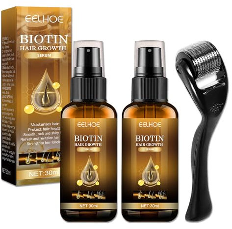 Biotin Haarwachstum Serum, 2 Stück Biotin Hair Growth Spray, mit 2mm Derma-roller, Haarwachstumsspray, Essenzspray, Das Das Haar- und Bartwachstum Anregt, Geeignet für Männer und Frauen