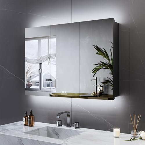 LOMIKEN Spiegelschrank Bad mit Beleuchtung,100 x 60 x 13 cm Spiegelschrank Bad mit Steckdose Badezimmerschrank mit LED und Touch Sensor, Antibeschlag, 3 farbtemperatur, Stufenlos Dimmbar Mattschwarz