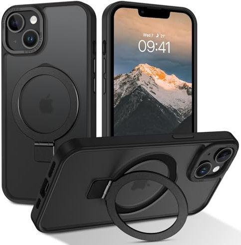 DOMAVER Case for iPhone 13 Mini, Magnetic [Compatible with mag-safe] Stand Holder Shockproof Matte Cover Anti-Yellowing Cover Hard Slim Frosted Matte Phone Cases for iPhone 13 Mini 5.4, Black
