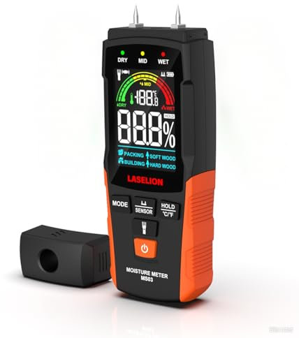 LASELION 2-in-1 Feuchtigkeitsmessgerät mit Stift- und Stiftlos-Modus – Für Holz, Beton, Trockenbau, Karton u.v.m. – LCD-Anzeige, Hold-Funktion, Taschenlampe, automatische Abschaltung MS03