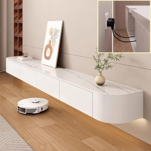 XDXINY Console multimediale per TV Floating TV Board – Mobili da parete – Grande panca sotto TV – Lowboard con cassetti e supporto per router (pietra bianca, 240 x 20 x 24 cm)