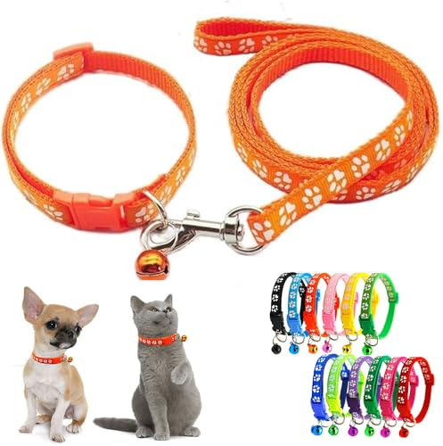 Oranges Welpenhalsband mit Glöckchen und Leine-Set, XXS Hundehalsband mit Pfotenabdruck für Jungen und Mädchen, XXS XS S Katzenhalsband für kleine Haustiere, winziges Kätzchen