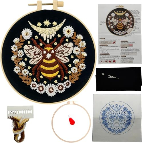 Stickset für Anfänger mit Stickrahmen, Blumen-Tier-Insekt-Haustier-Sticksets für Erwachsene, Stickset Stiche Hobby (Biene)