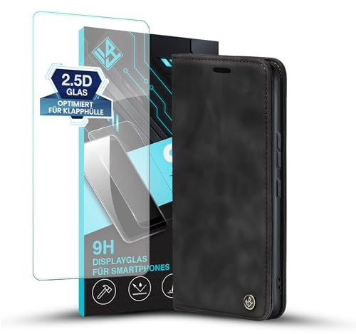 LBH Handyhülle für Xiaomi 15 in Schwarz mit Displayglas Karten- und Geldfach Smartphone Hülle mit Standfunktion Flip Case Schutzhülle Magnetverschluss Vintage
