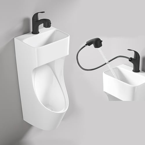 GMBAYUE Wandhängendes Urinal mit Waschbecken und Wasserhahn, Kommerzielles Urinal for Männer, Verstopfungssicheres Urinal aus Keramik, Wassersparendes Urinal(Black)