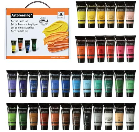 Artbreezing Lot de 48 tubes de peinture acrylique de 22 ml (0,74 fl. oz) - Couleurs d'artiste hautement pigmentées pour artistes, débutants à professionnels, idéal pour toile, bois, tissu, papier (36