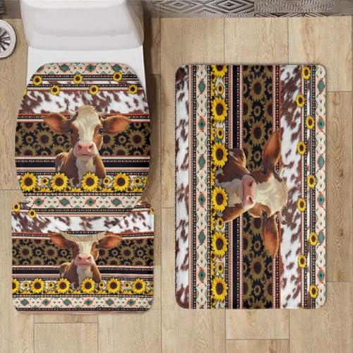 Bad Teppiche Set Braune Kuh Sonnenblume Badezimmerteppich Waschbar WC Vorleger mit Ausschnitt und WC Deckelbezug 3 Teilig Badematte rutschfest Toilettensitzbezug Badgarnitur 45x75 cm