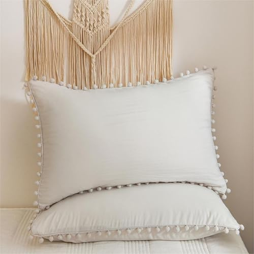 Freyamy Kissenbezug 40x80 2er Set Beige Pom Pom Quaste Boho Kopfkissenbezug