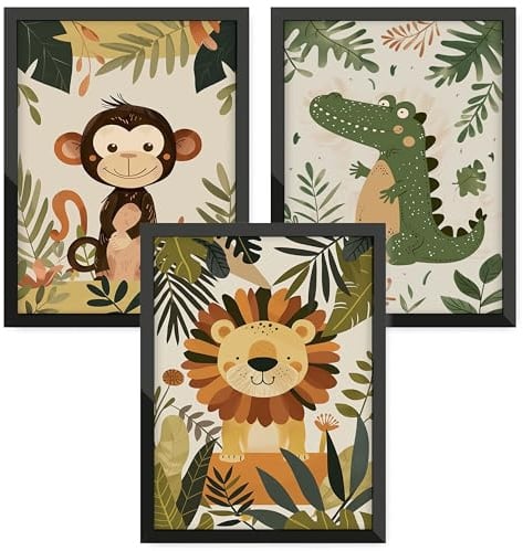 Donari® Poster Set A4 – 3-teilig – Kinderzimmer Bilder Safari Tiere mit Löwe, Affe & Krokodil – Wanddeko Jungen Schlafzimmer