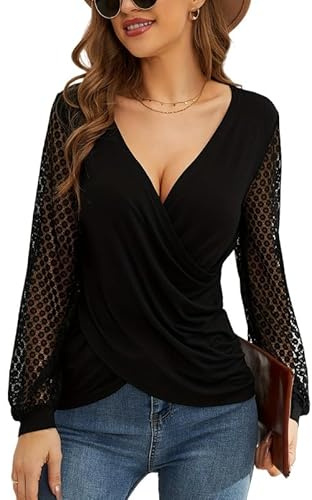 Sukiglam Camiseta Mujer Elegante Manga Larga Encaje Blusa Sexy Cuello en V Cruzado Top Casual Camisa Ajustada Entallado T-Shirt Moderna Túnica Top Otoño Invierno Blusas de Trabajo Boda Fiesta