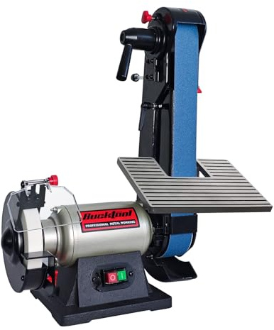 BUCKTOOL Belt Sander and Bench Grinder, 350W, 50 x 1067mm, 150mm Wheel | 18.7 m/s Sanding Speed and 2980 RPM Grinding Speed for Knife Sharpening, Metal Deburring and Workshop Use
