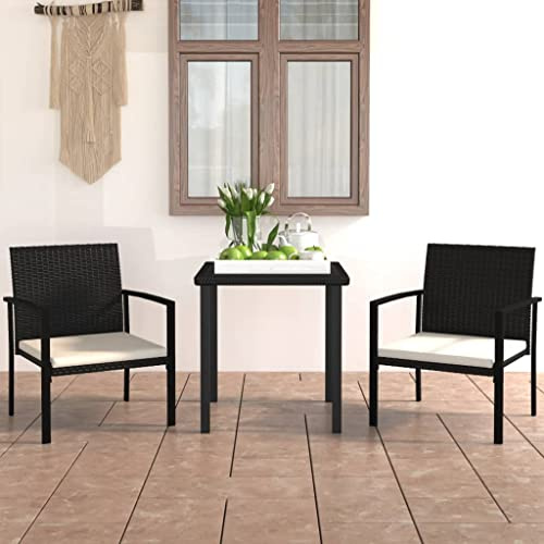 Bucmath 3-TLG. Garten-Essgruppe, Poly Rattan Schwarz, mit Glasplatte, 70x70x73cm Tisch, 2 Stühle, Cremeweiße Kissen, Wetterfest für Terrasse Balkon