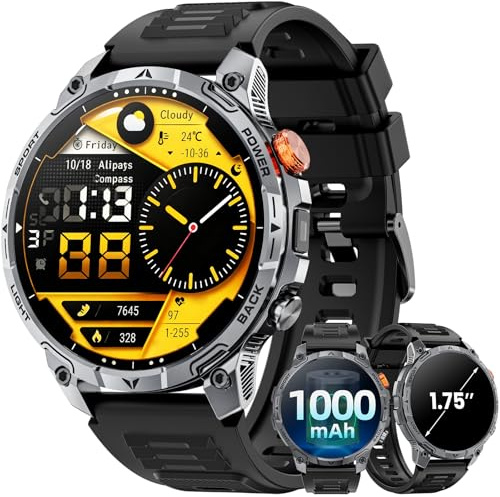 Haulvean Militär Smartwatch Herren, mit1000-mAh-Akku/1,75 HD Großes Display Sportuhr/110+ Sportmodi Fitnessuhr/LED Taschenlampen/24/7Herzfrequenz/Schlafmonitor/IP68 Wasserdicht für iOS Android