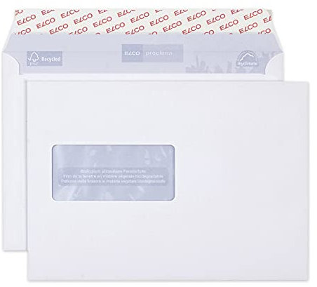 ELCO 38999 Proclima Box mit Deckel und 500 Briefumschläge/Versandtasche, Haftklebeverschluss, C5, 100g, weiss recycl, Fenster: ja weiss recycl. c5 (229x162mm) für papierformat a5