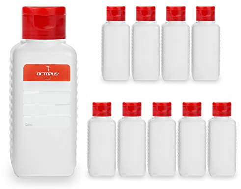 Octopus Bouteilles en Plastique 10 x 100 ML, Bouteilles en Plastique PE-HD avec Capsule Service Rouge, Bouteilles vides avec Bouchon à charnière Rouge, Bouteilles carrées. 10 étiquettes incluses.