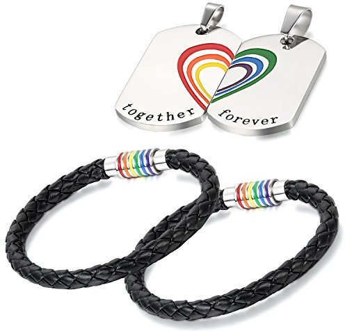 Aroncent Herren Damen Regenbogen Schmuck Set - 4PCS Rainbow LGBT Charms Kette Halskette Armband Armreif Armschmuck Handgelenk Leder Edelstahl Mehrfarbig