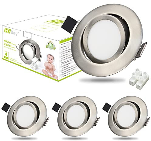 HiBay LED Einbaustrahler 230V 3,5W Spots Deckenleuchte 27mm Ultra Flach 70-80mm Einbauspots Naturalweiss Schwenkbar Edelstahl Gebürstet, 4 Stück