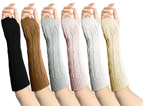 6 Pairs Arm Warmers Womens Fingerless Gloves Cable Knit Thick Thermal Fashion Premium Forearm Sleeve