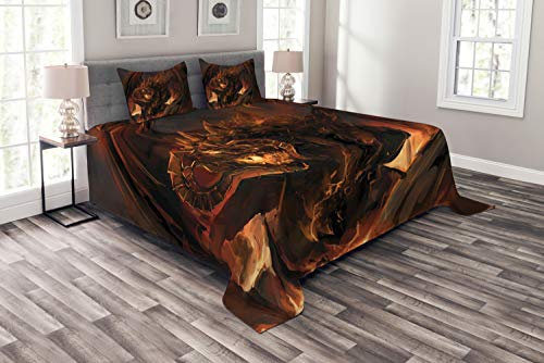 ABAKUHAUS Braun Tagesdecke Set, Drachen, Set mit Kissenbezügen Waschbar, für Doppelbetten 220 x 220 cm, Braun Gelb