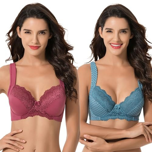 Curve Muse-Sujetador de Encaje sin Forro con Aros y Talla Grande con Tirantes Acolchados (Paquete De 2)-Impresión De Piedra Azul,Violeta-105D