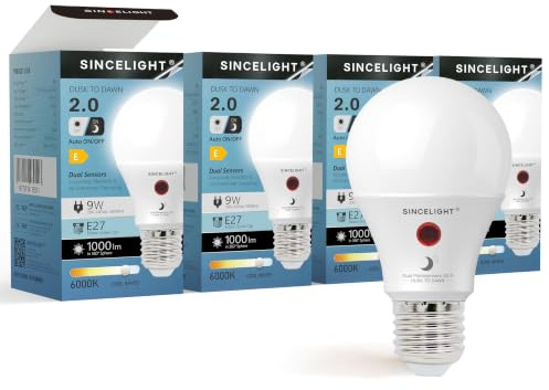 SINCELIGHT Dusk to Dawn LED Light Bulb 9W with Dual Photocell Sensors, ON/Off Automatic Depends on the Daylight Level, Outdoor Night Light from Dusk Till Dawn, Security Bulbs, Cool White 6000K, 4 Pack