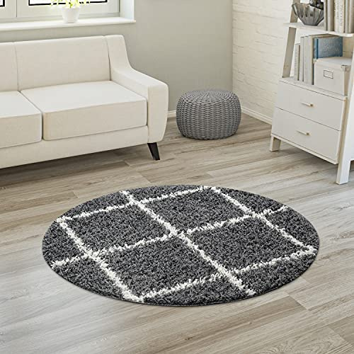 Paco Home Hochflor Teppich Wohnzimmer Schlafzimmer Shaggy Skandinavisch Rautenmuster, Grösse:160 cm Rund, Farbe:Anthrazit