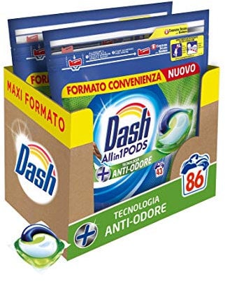 Dash Pods All in 1 Detersivo Lavatrice in Capsule, 86 Lavaggi, Tecnologia Antiodore, Rimuove le Macchie, Combatte i Cattivi Odore Alla Fonte, Efficace Anche a Bassa Temperatura