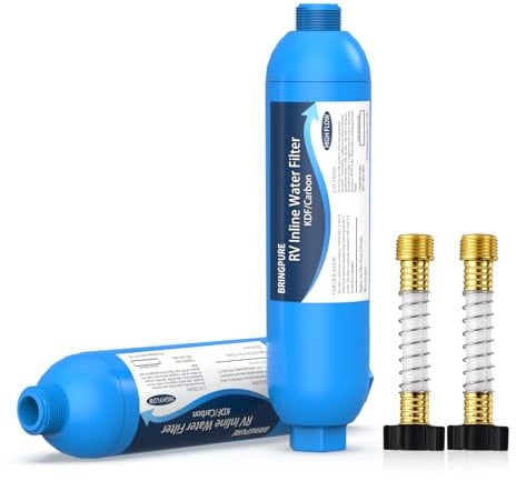 2 confezioni di filtro dell'acqua in linea RV con protezione flessibile per tubo, certificato NSF 42/372, riduce cloro, odori, sapore, ruggine e fluoro nell'acqua potabile, dedicato per camper e