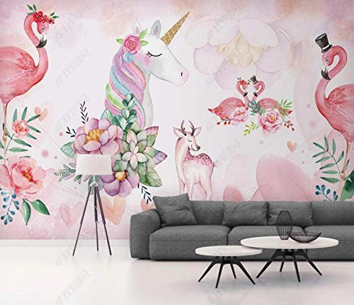 Papier Peint Panoramique 3D Intissé Licorne Fleur Flamant Rose Murales Papiers Peints Salon Chambre Papiers Peints Décoratif-300cmx210cm