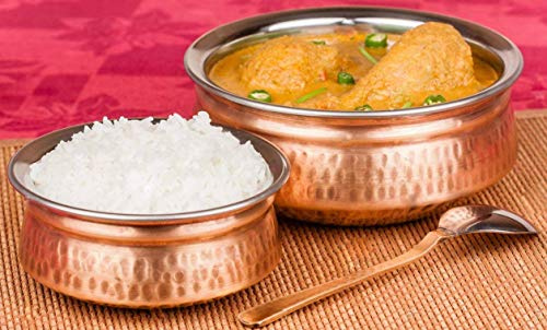 OSNICA Copper Steel Handi Bowl, 13 & 18 CM, Double Walled, Traditional Indian Serving Dish, Stainless Steel Inside, Copper Outside, Hand Crafted, 3 Pieces with Spoon, Not for Cooking, Dishwasher Safe