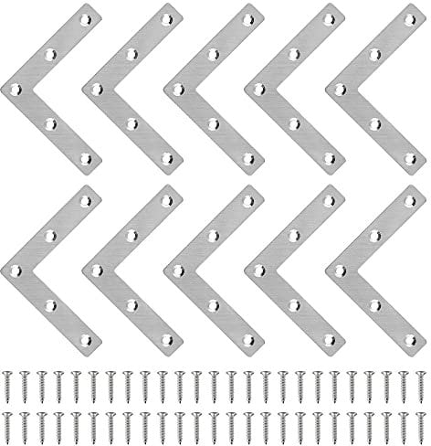 SNAGAROG 10Pcs Heavy Duty L Shaped Plate Bracket Flat Corner Braces Stainless Steel Plates Angle Brackets Corner Brackets Flat Plate Fastener with Screws for Furniture Desk Table Shelf Repair, 80*80mm