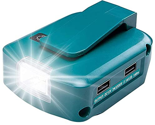 ADP05 Power Source for Makita 14-18V Lithium-Ion Battery, YEX-BUR USB Phone Charger Adapter Converter with Dual USB Ports, 12V DC Port, 3W LED Work Light Flashlight
