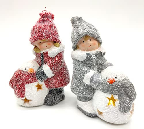 DARO DEKO Winterkinder Mädchen und Junge mit LED Schneemännern 16cm Dekofigur Weihnachtsdeko