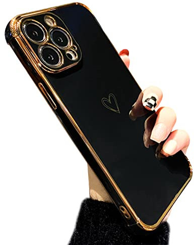 ZTOFERA Compatible with iPhone 13 Pro Max (6.7) Case for Girls Women, Flexible Silicone Phone Case with Cute Heart Pattern Golden Edging Shockproof Protective Bumper Cover, Black