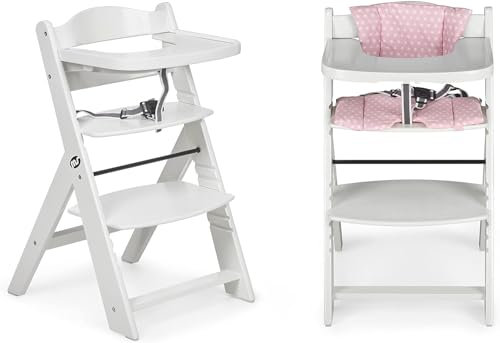 Ms BabyWorld Seggiolone Full per bambini in legno, completamente, evolutivo, seggiolone, ergonomico, regolabile, sicuro, Bianco/Rosa