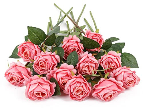 IPOPU Künstliche Rosen, getrocknete Seidenblumen mit einzelnen Stielen, realistische rosa Blumenaufsätze für Tische, Hochzeitsstrauß, Blumenarrangements, 12 Stück