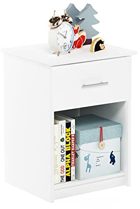 Furinno TIDUR Nachttisch mit Schublade und Stangengriff, Massivweiß | Beistelltisch mit Ablagefach, Nachttisch mit Schublade, für Schlafzimmer, Wohnzimmer