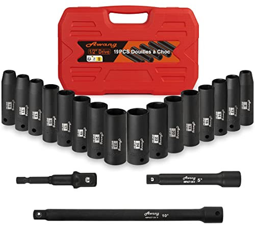 Awang Impact Socket Set 1/2-Inch,19 PCS Drive Master Deep Impact Socket Set 8mm - 24mm, CR-V with 3pcs Drive Impact Extension Bar Set 5,10,1/4 Converter Metric