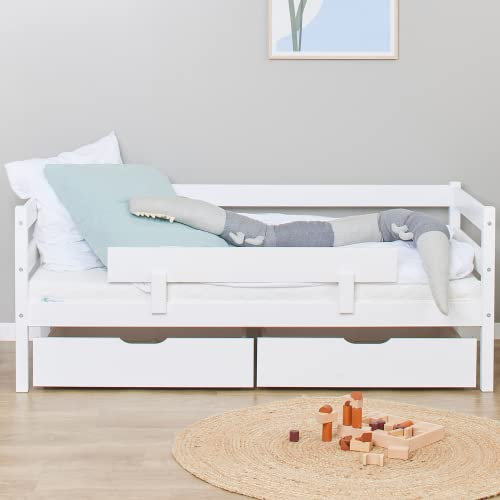 Hoppekids ECO Comfort Kinderbett 70x160 mit Lattenrost, Rausfallschutz und Zwei Bettschubladen | Weiss | Nordisches Umweltzeichen Zertifiziert | FSC®-zertifiziertes massives Kiefernholz