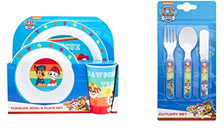 PAW Patrol Kids Tableware Set – 3 Piece Reusable PP Plate, Bowl & Cup Set for Children – for 24 Months+ & 3 Piece Cutlery Set – Metal, Reusable Children's Knife, Fork & Spoon – for 12 Months & Up
