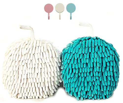 ACOCPOL Weiche handtrocknende Handtücher zum Aufhängen für Badezimmer, Mikrofaser, dekorative Küche, flauschiger Ball, Plüschschwamm, niedliche Chenille-Handtücher mit Aufhängeschlaufen (Weiß und