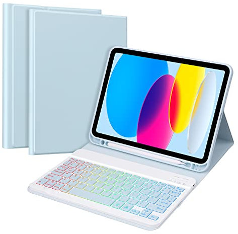 Keyboard Case for iPad 11th Gen A16 11inch&10th Gen 10.9inch GOKOCO A16 Tablet Cover Magnetically Detachable Macaron Color Bluetooth Keyboard With 7 Colors Backlight Give Full Protection withiPad-Blue